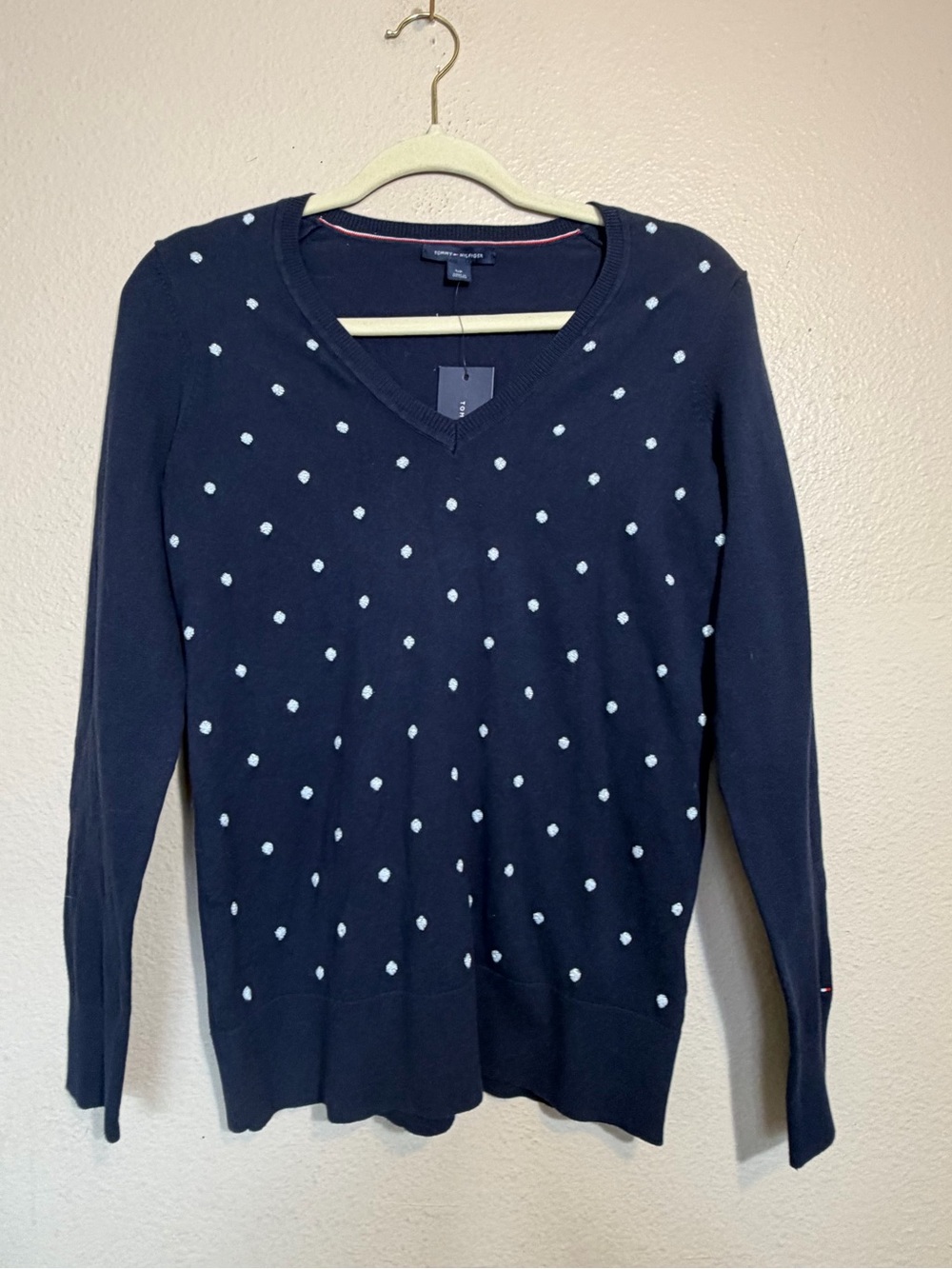 Tommy Hilfiger Navy V-Neck Sweater with White Dot Detail